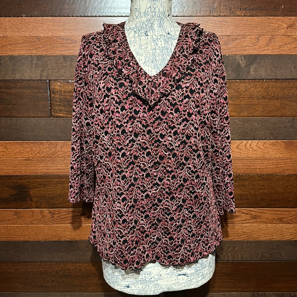 Laura Ashley Stretchy Ruffled V Neck Long Sleeve Lacey Floral Mesh Blouse